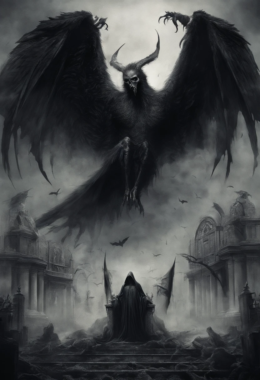 Winged demon, anal sex, decapitated corpse, skulls, grave coffin, tombstones, cemetery gate, raven, chthonic flame
