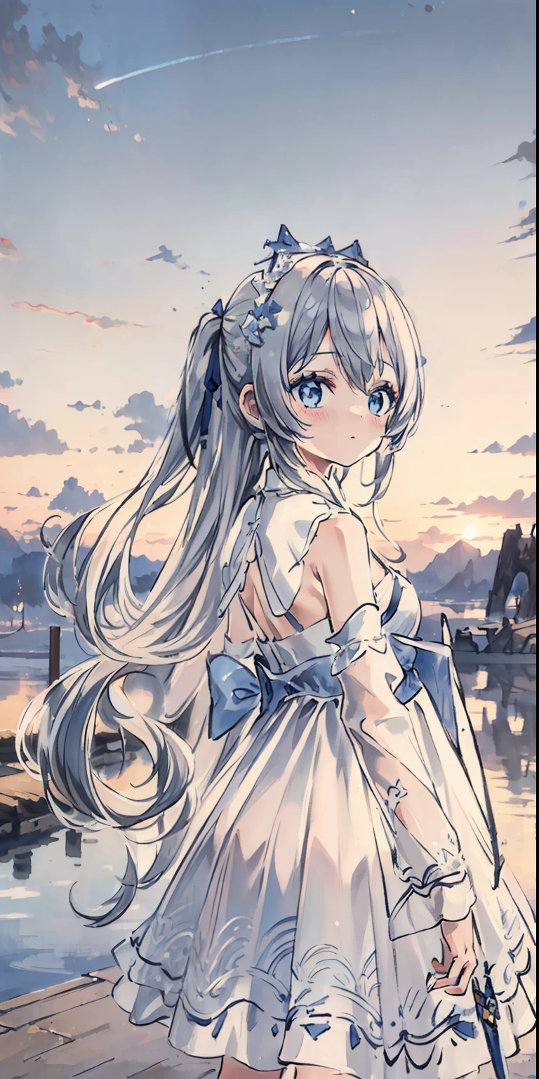 ((Best quality)), ((Masterpiece)), ((Ultra-detailed)), (illustration), (Detailed light), (An extremely delicate and beautiful),A charming young girl,White long hair,Blue sky,The sword floated behind his back.