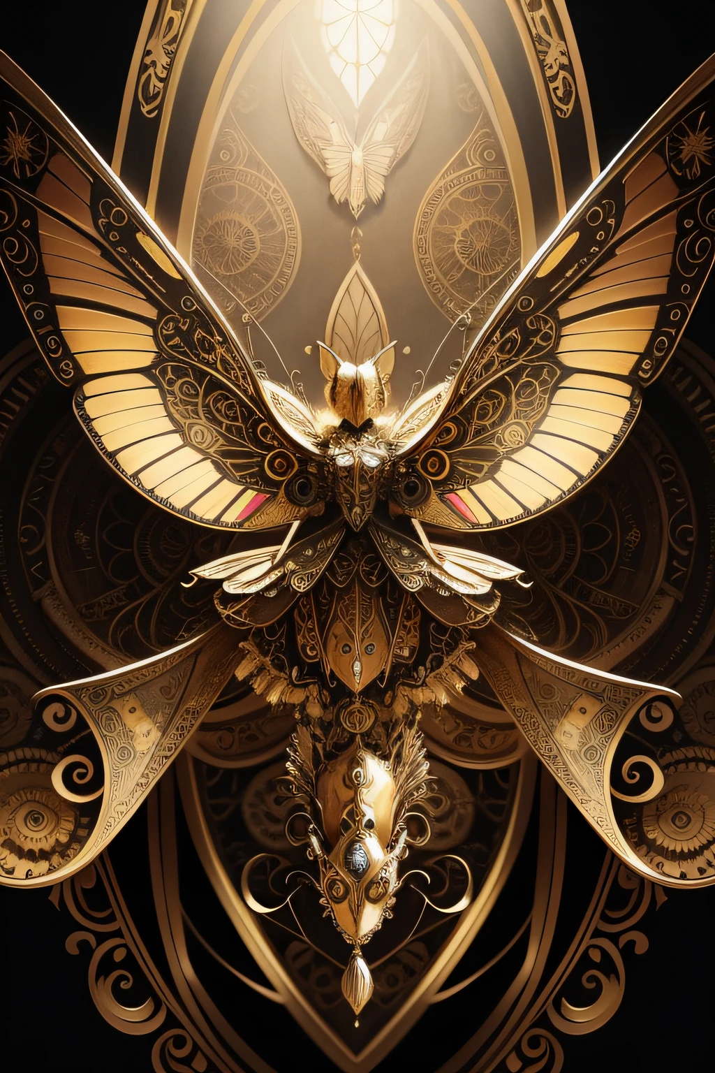 Close-up of golden butterfly, steampunk butterfly, harmony of butterfly, exquisite and handsome wings, Butterfly, mechanical butterfly, exquisitely ornate, elegant and ornate, photo of a mechanical butterfly, ultra intricate, Brass gear background, Beautiful symmetry, Beautiful symmetry, Symmetrical wings, Magnificent Art, symetrical wings, Detailed digital art,steampunc,Victorian style texture,Complex retro background