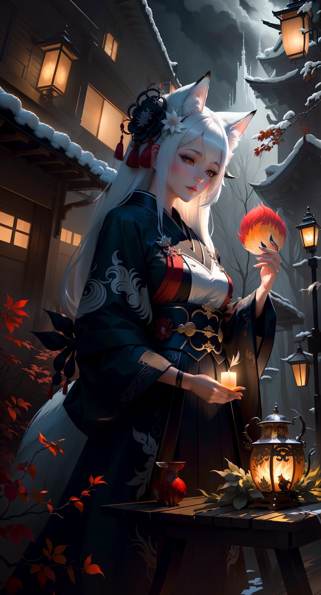Painting of a fox with white hair sitting on a branch,ethereal fox,nine tail fox,Fox three-tailed fox,Onmyoji detailed art,Nine Tails,a beautiful artwork illustration,mythological creatures,red fox,Beautiful digital artwork,Exquisite digital illustration,mizutsune , Inspired by the mythical creature wildnet,Digital art on Pixiv,strong lights,hight contrast,Horror movie theme,Dark atmosphere,Standing painting