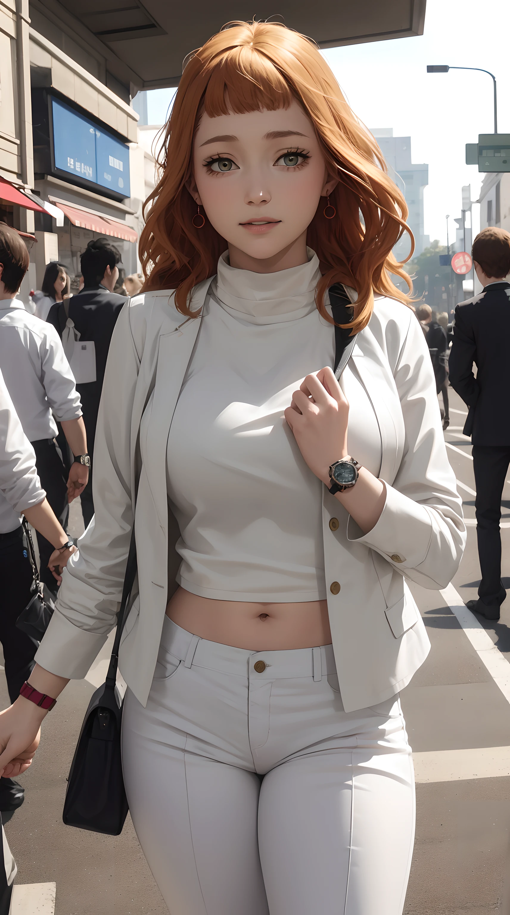mimosa from the anime black clover, long hair, brown hair, green eyes, beautiful, beautiful woman, perfect body, perfect breasts, wearing a white formal shirt, black blazer, black trousers, carrying a bag, wearing a watch, wearing earrings, in public, creatures in tokyo city, being on the street, looking at the viewer, a slight smile, realism, masterpiece, textured skin, super detail, high detail, high quality, best quality, 1080p, 16k