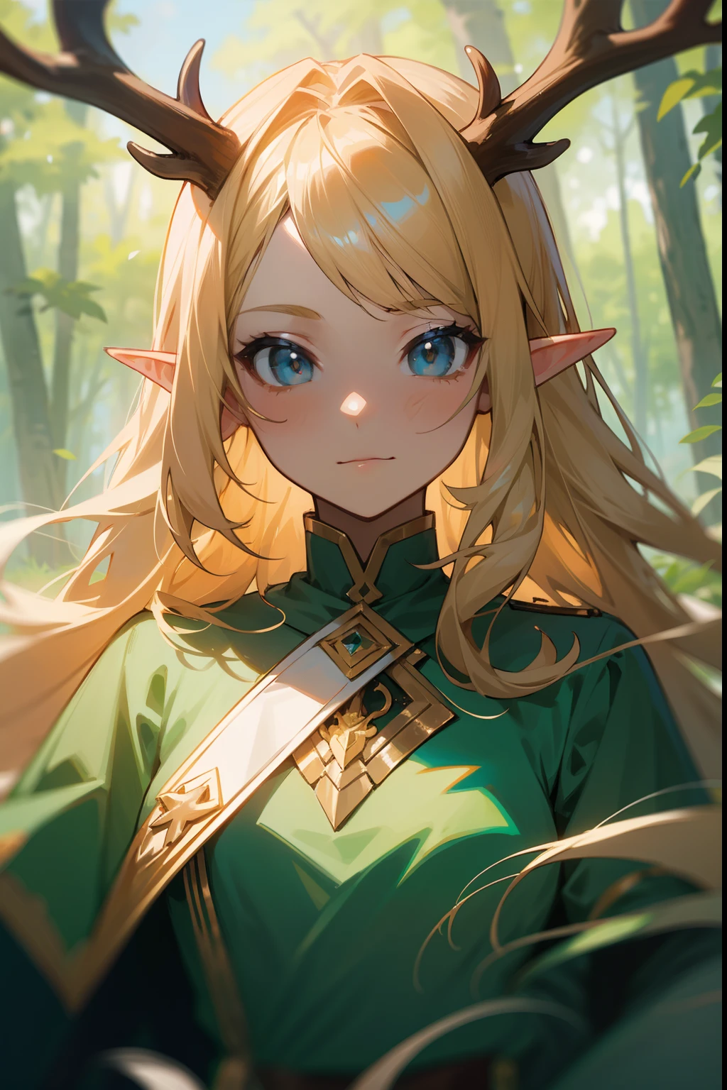 (tmasterpiece,best qualtiy), 1girll, Complicated details, blond hairbl, leafs, wavey hair, looks into camera, the elf, The upper part of the body, ln the forest, frilld, thin fog, deer antlers,wonderland