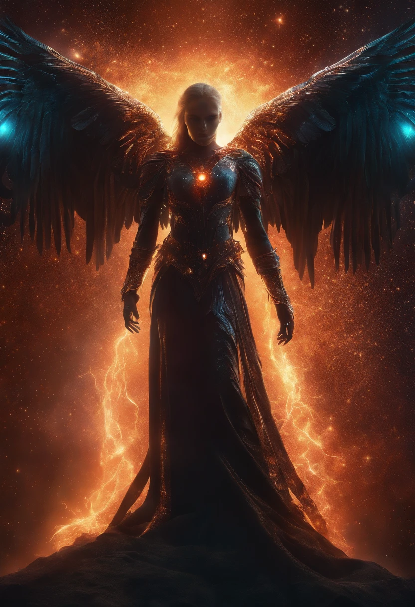Cosmic Fallen Angel, glowing light eyes, Biomechanical, eerie, Creepy, nightmarish, Very bright colors, Light particles, with light glowing, Mshiff, wallpaper art, UHD wallpaper