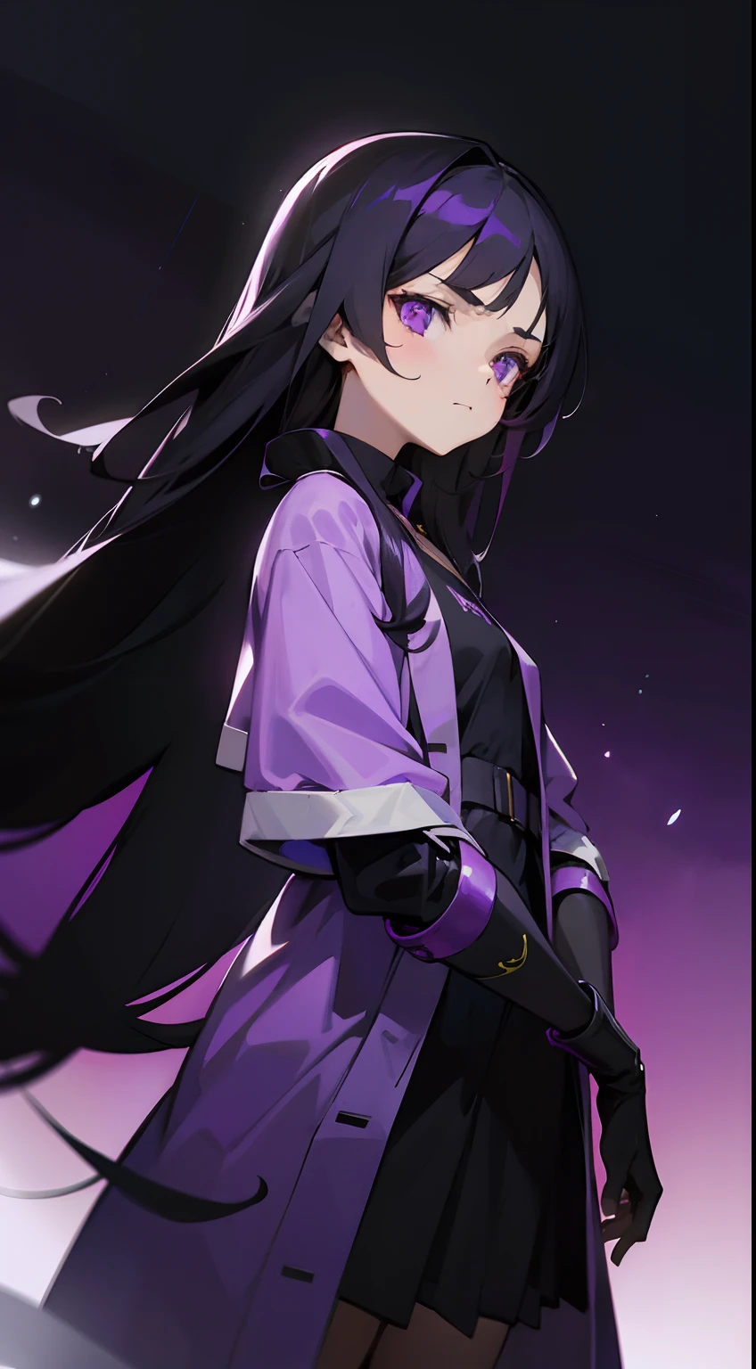 absurdres, 1girl, simple clothes, black hair, long hair, purple eyes, simple background, frown, robe, futuristic