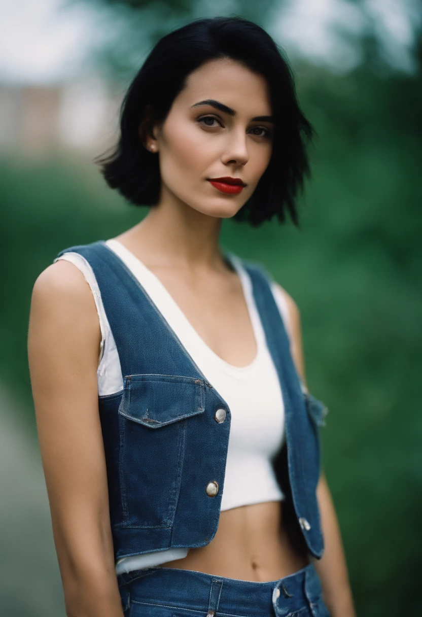 a young woman with Short black hair standing outside, in the style of cool,White vest, baggy denim pants, zeiss planar t* 80mm f/2.8, kodak portra, uhd image, sovietwave, distinct facial features,