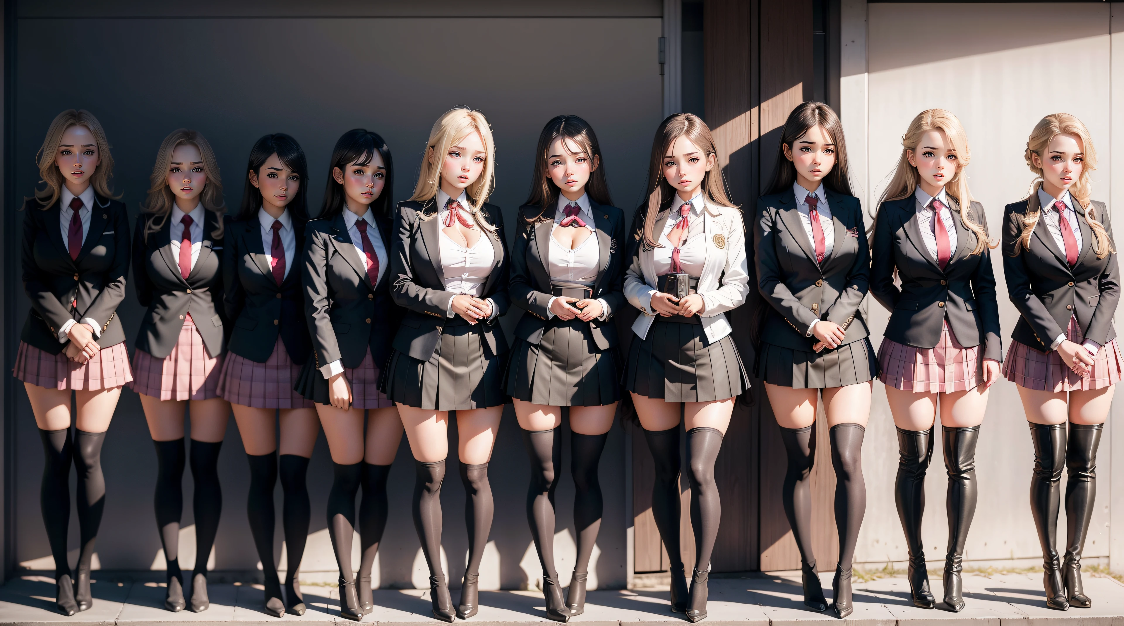 lineup, 20girls, school uniform, blush, knee boots, microskirt, thighhighs, high heels boots, (full body), face, (cleavage), open shirt, ,