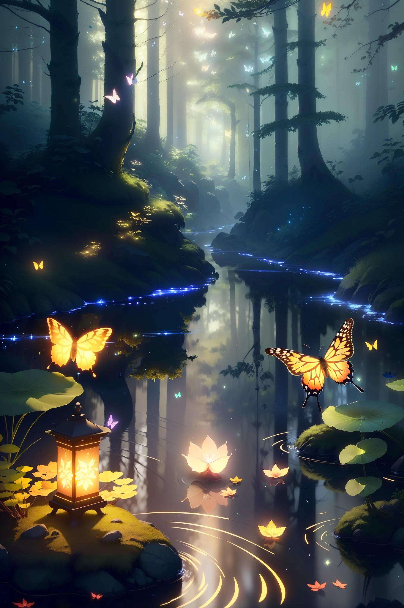 A masterpiece, the best quality, stunning reflections, the best reflections ever. (very detailed CG unity 8k wallpapers), (best quality), (best illustrations), (best shadows), forest theme with natural elements. Tall trees, quiet streams, small glowing mushrooms surrounded by delicate leaves and branches, with fireflies and glowing particle effects,, (natural elements), (jungle theme), (leaves), (twigs), (fireflies), butterflies, (delicate leaves), (glow), (particle effects). , Isometric 3D, Octane Rendering, Ray Traced, Super Detailed