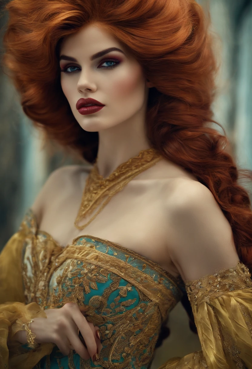 A stunning French girl in a flowing red cheongsam, in a red Chinese dress adorned with intricate patterns, wearing a metal collar and chastity belt, bathed in soft, natural sunlight with cinematic lighting., showcases her long, curly ginger hair. She stands in soft sunlight, with intricate patterns on her corset, surrounded by a cinematic backdrop.