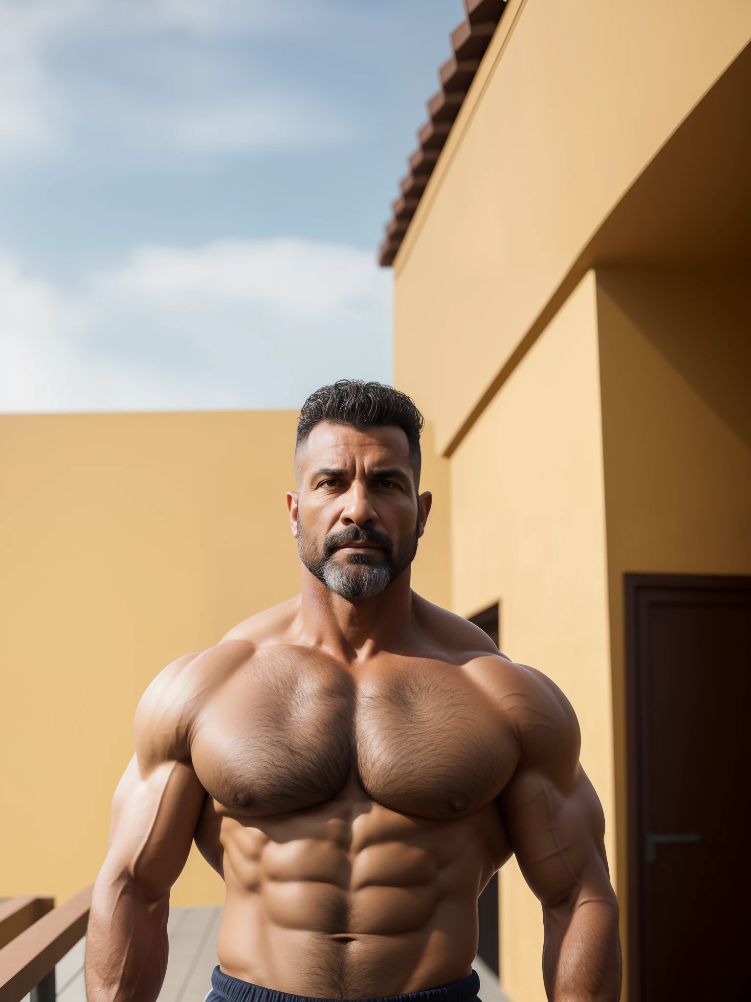 A hyper muscular Handsome rough tough Marcelo Fernando da Conceição Barbosa dad, 45 years old, detailed skin, ((wearing a open tracksuit skin-revealing a monumental pectoral)), flourishing a high sexual energy, Bara, big eyebrows, big waist round, ((winner of League of Legends)), big pectorals, grey hair, big arms, big pecs, biceps, shoulders, thick thighs, huge quads, portrait, virile, meticulous muscle definition, overexposure, picturesque, photography, modelshoot, photorealistic portrayal, 4K quality. Background: rooftop,32k uhd, best quality, natural volumetric lighting and best shadows, deep depth of field, sharp focus, DSLR, masterpiece, super detail, high details, octane render