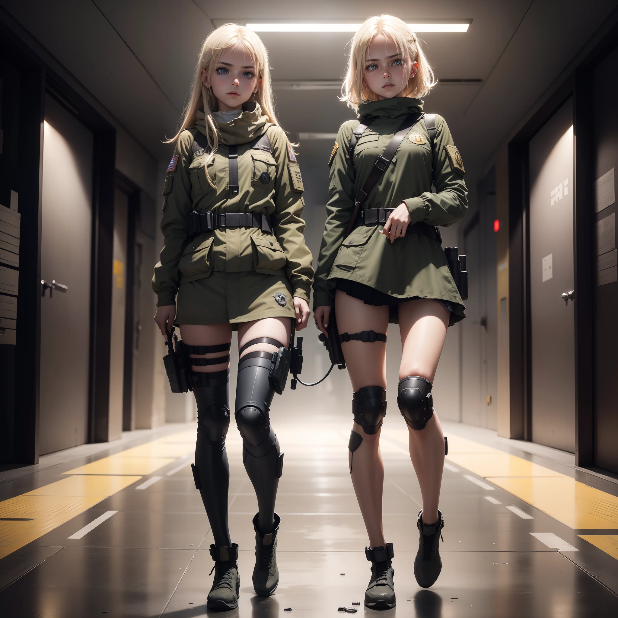 Two Ukrainian girls riding in a tank , Looking at each other,Ukrainian anime girls , , Ukraine , Full body composition of young girl with messy bright blonde hair, eye make up, 13 year old, Soft lighting, Solo, Old torn dirty shabby futuristic military uniform, badges, Pose, Blotch color, Octane Render, Hyperrealistic intricate detail, Cinematic, 8K resolution, 70mm, Accent Lighting, Global Illumination, Full body portrait, ,Don't look at the camera,clean detailed faces, intricate clothing, flat chest, Slim waist, Slim legs, small hips,Ordinary soldier clothes,Wearing a helmet,Holding a gun,Looking at each other,