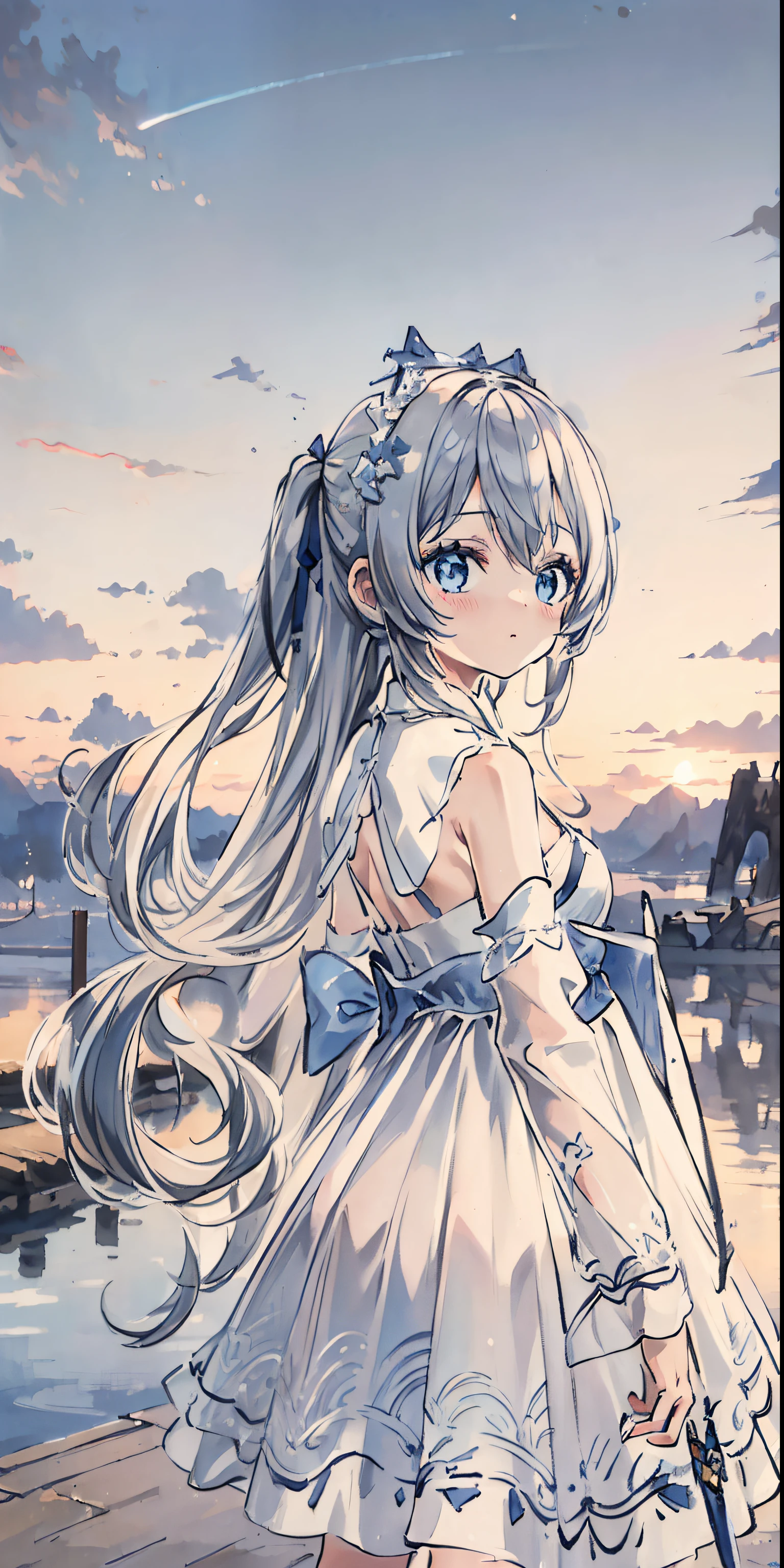 ((Best quality)), ((Masterpiece)), ((Ultra-detailed)), (illustration), (Detailed light), (An extremely delicate and beautiful),A charming young girl,White long hair,Blue sky,The sword floated behind his back.