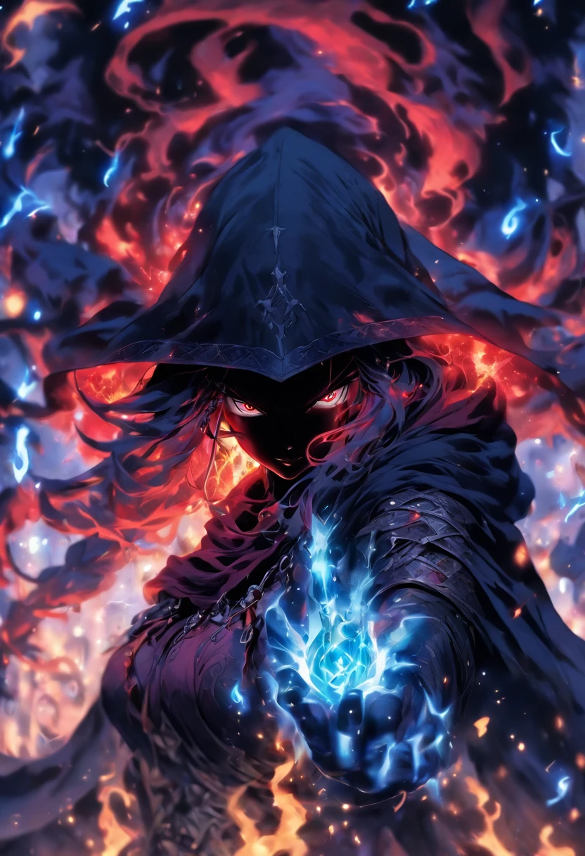 The most beautiful and sexy demon sorceress, long blue hair, red eyes, wearing a hooded cloak and highly detailed battle armor, tattoos and piercings, casting a powerful and destructive magic spell, perfect masterpiece, high quality, high resolution
