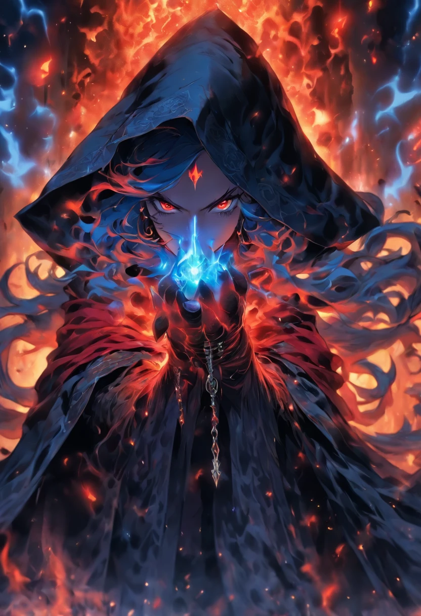 The most beautiful and sexy demon sorceress, long blue hair, red eyes, wearing a hooded cloak and highly detailed battle armor, tattoos and piercings, casting a powerful and destructive magic spell, perfect masterpiece, high quality, high resolution