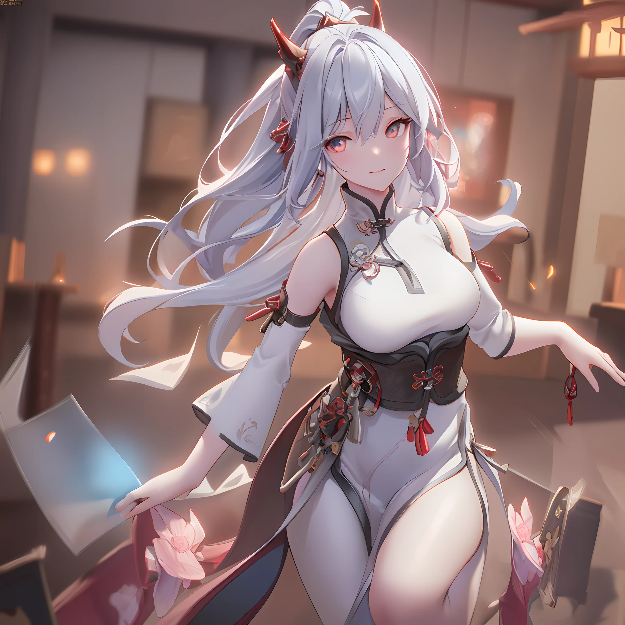 an alone girl with long red color slice gray hair , eye sleep, on the bed, inside china room style, china city , night time, High detail mature face, 2 short mechanic horn , iron mask, bare leg, bare shoulder, white china dress, white glove, black boot, high res, ultra sharp, 8k, masterpiece, smiling, 10 finger, fantasy world, magical radiance background ((Best quality)), ((masterpiece)), 3D, HDR (High Dynamic Range),Ray Tracing, NVIDIA RTX, Super-Resolution, Unreal 5,Subsurface scattering, PBR Texturing, Post-processing, Anisotropic Filtering, Depth-of-field, Maximum clarity and sharpness, Multi-layered textures, Albedo and Specular maps, Surface shading, Accurate simulation of light-material interaction, Perfect proportions, Octane Render, Two-tone lighting, Wide aperture, Low ISO, White balance, Rule of thirds,8K RAW, Aura, masterpiece, best quality, Mysterious expression, magical effects like sparkles or energy, flowing robes or enchanting attire, mechanic creatures or mystical background, rim lighting, side lighting, cinematic light, ultra high res, 8k uhd, film grain, best shadow, delicate, RAW, light particles, detailed skin texture, detailed cloth texture, beautiful face, (masterpiece), best quality, expressive eyes, perfect face,