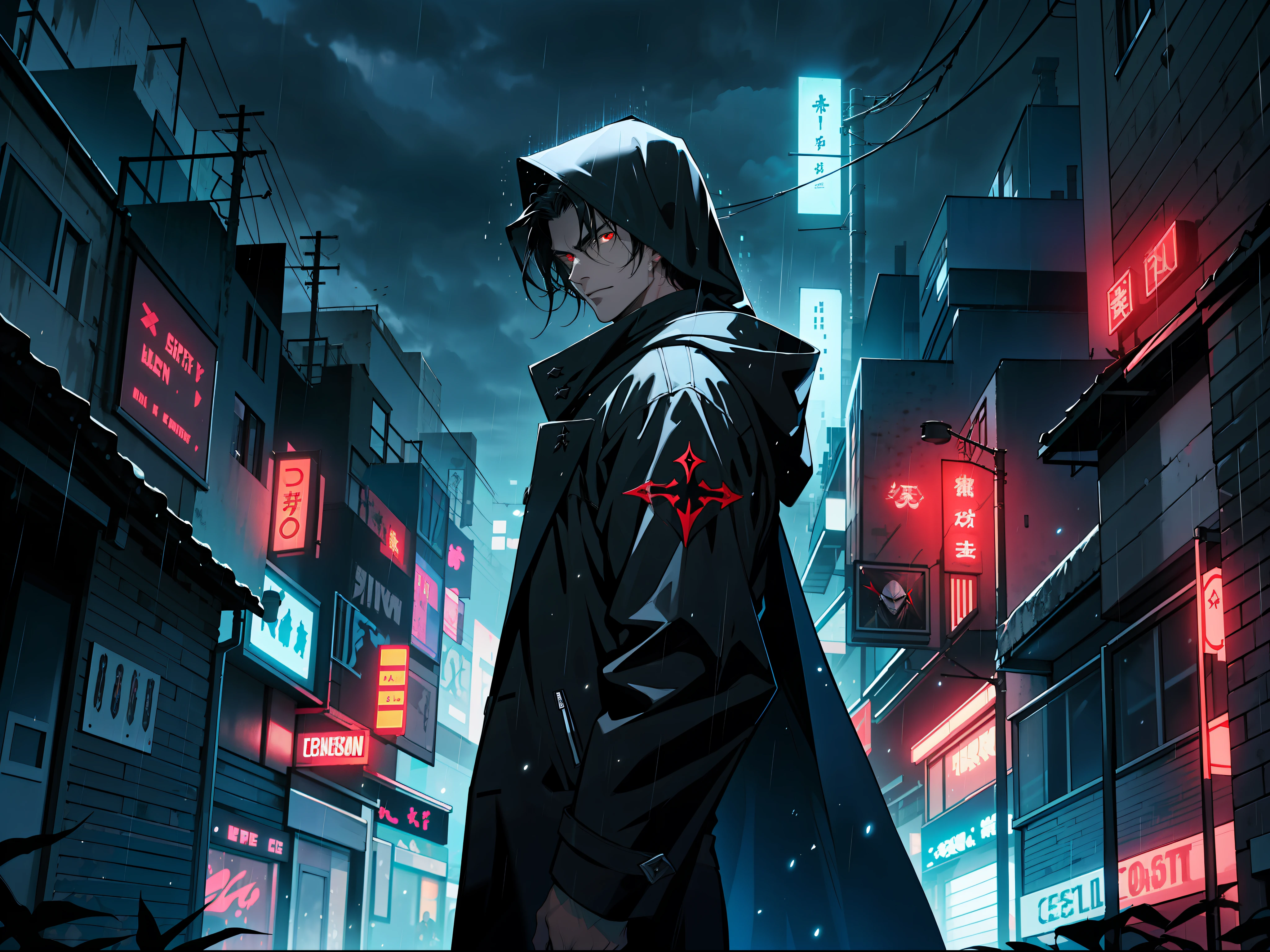 "Epic dark raining city atmosphere, stunning 4k artwork featuring a confident mature man with short modern style center split glowing black hair. His red eyes and glow in the dark. he was wearing a black sect coat with hood. He was the leader of a heretical sect"