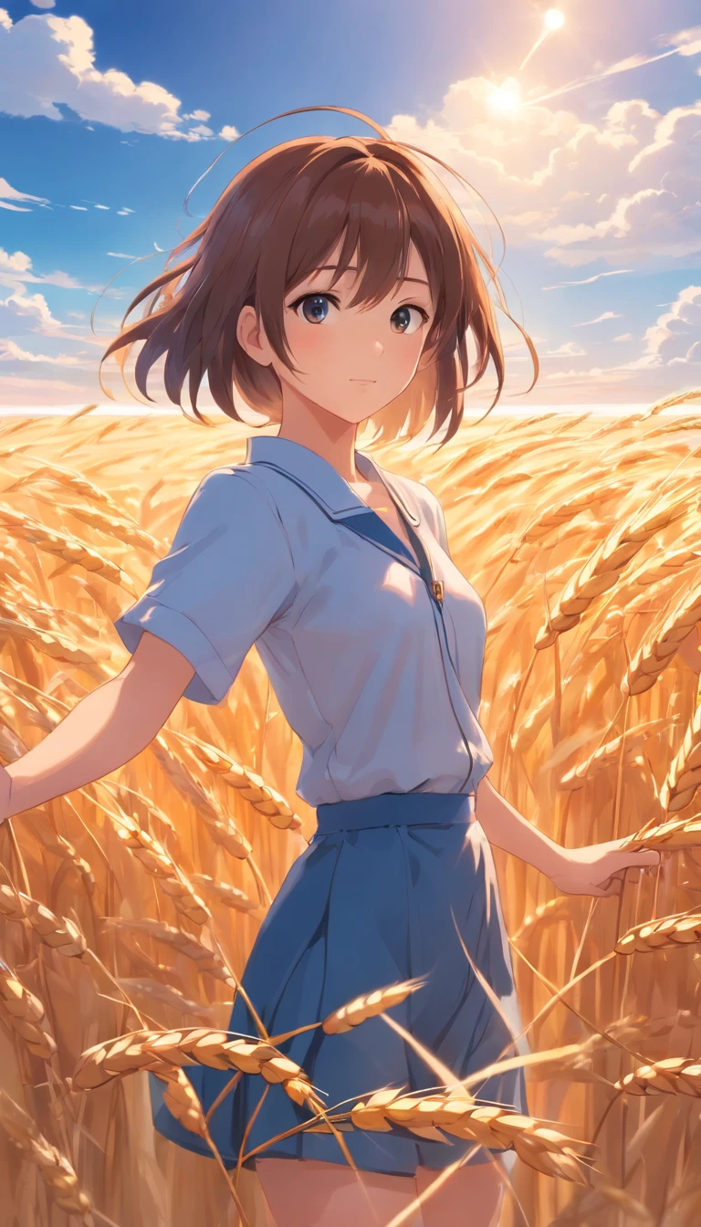 Masterpiece, best quality, (very detailed CG unified 8k wallpaper) (best quality), (best illustration), (best shade) naturally harvested wheat, super detailed, harvester, white clouds, blue sky, no humans --v6