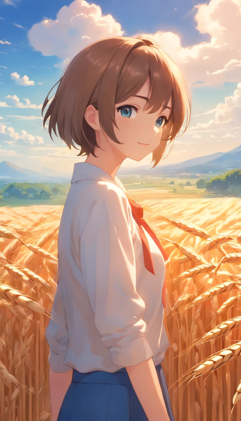 Masterpiece, best quality, (very detailed CG unified 8k wallpaper) (best quality), (best illustration), (best shade) naturally harvested wheat, super detailed, harvester, white clouds, blue sky, no humans --v6