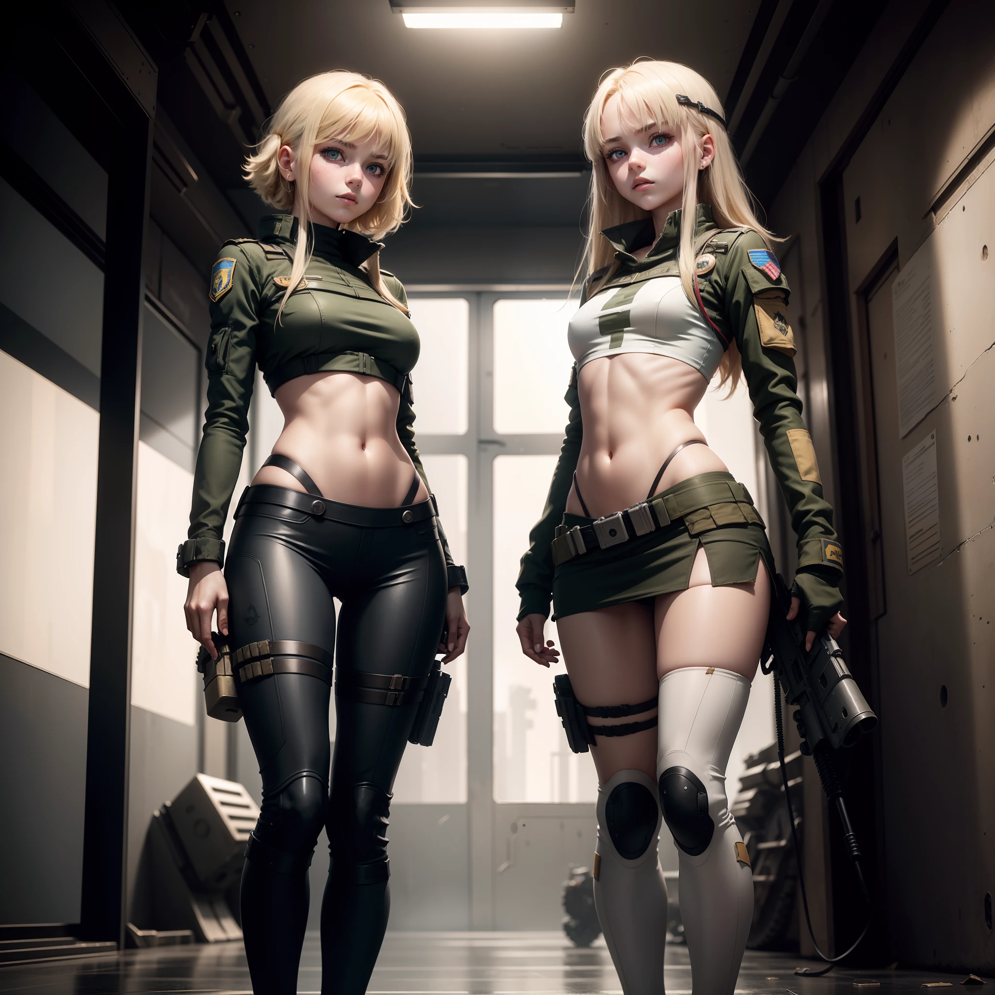 Two Ukrainian girls riding in a tank , Looking at each other,Ukrainian anime girls , , Ukraine , Full body composition of young girl with messy bright blonde hair, eye make up, 13 year old, Soft lighting, Solo, Old torn dirty shabby futuristic military uniform, badges, Pose, Blotch color, Octane Render, Hyperrealistic intricate detail, Cinematic, 8K resolution, 70mm, Accent Lighting, Global Illumination, Full body portrait, ,Don't look at the camera,clean detailed faces, intricate clothing, flat chest, Slim waist, Slim legs, small hips,Ordinary soldier clothes,Wearing a helmet,Holding a gun,Looking at each other,
