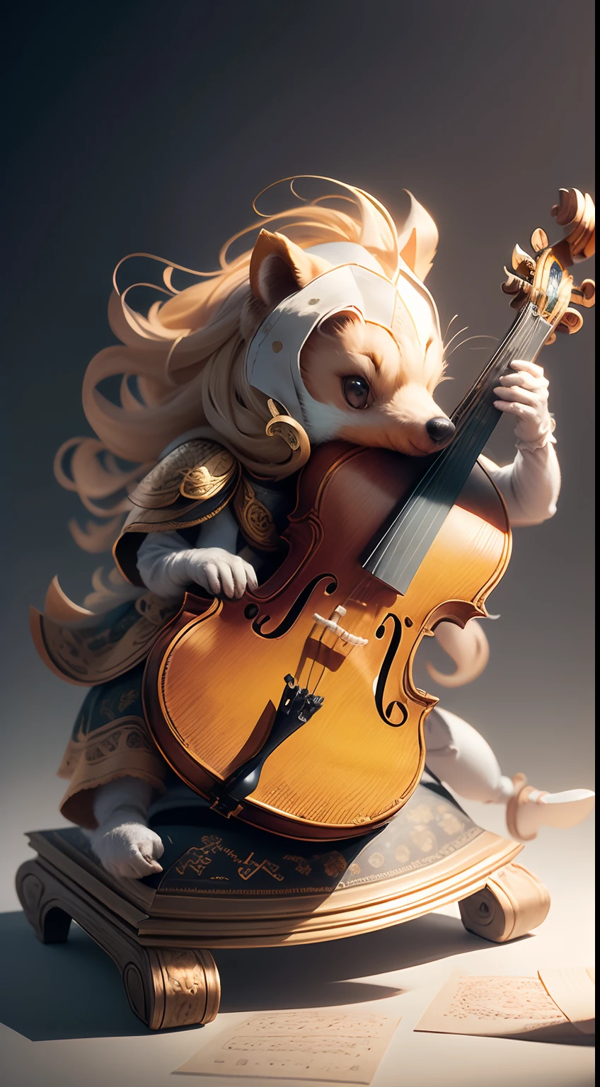 paper art: Two kissing hedgehogs play the cello in Leonardo da Vinci's style