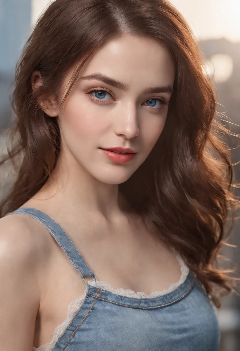 (RAW, analogue, Nikon Z 14mm ultra-wide angle lens, award-winning glamour photograph, ((best quality)), ((masterpiece)), ((realistic)), skin pores, subsurface scattering, radiant light rays, high-res, detailed facial features, high detail, sharp focus, smooth, aesthetic, extremely detailed, (extremely detailed eyes, extremely detailed iris), extremely detailed hair, extremely detailed skin, extremely detailed clothes, octane render, photorealistic, realistic, post-processing, max detail, realistic shadows, roughness, natural skin texture, real life, ultra-realistic, photorealism, photography, 8k UHD, photography, hdr, intricate, elegant, highly detailed, sharp focus, stunning, beautiful, gorgeous), (masterpiece:1.2, best quality1:1, ultra-detailed:1.2, best shadow, 8k:1.1), (massive city:1.3, rooftop:1.1, city structures below, handrails), (contrasting background, bright background), (beautiful detailed face), high contrast, (perfect illumination:1.2, beautiful color, delicate color), ((cinematic light)), colorful, hyper detail, dramatic light, intricate details, (1 girl, solo, brown hair, smiling face, short hair, wavy hair:1.1, blue eyes, dynamic angle, white tanktop, jeans, cowboy shot, arms down), depth of field