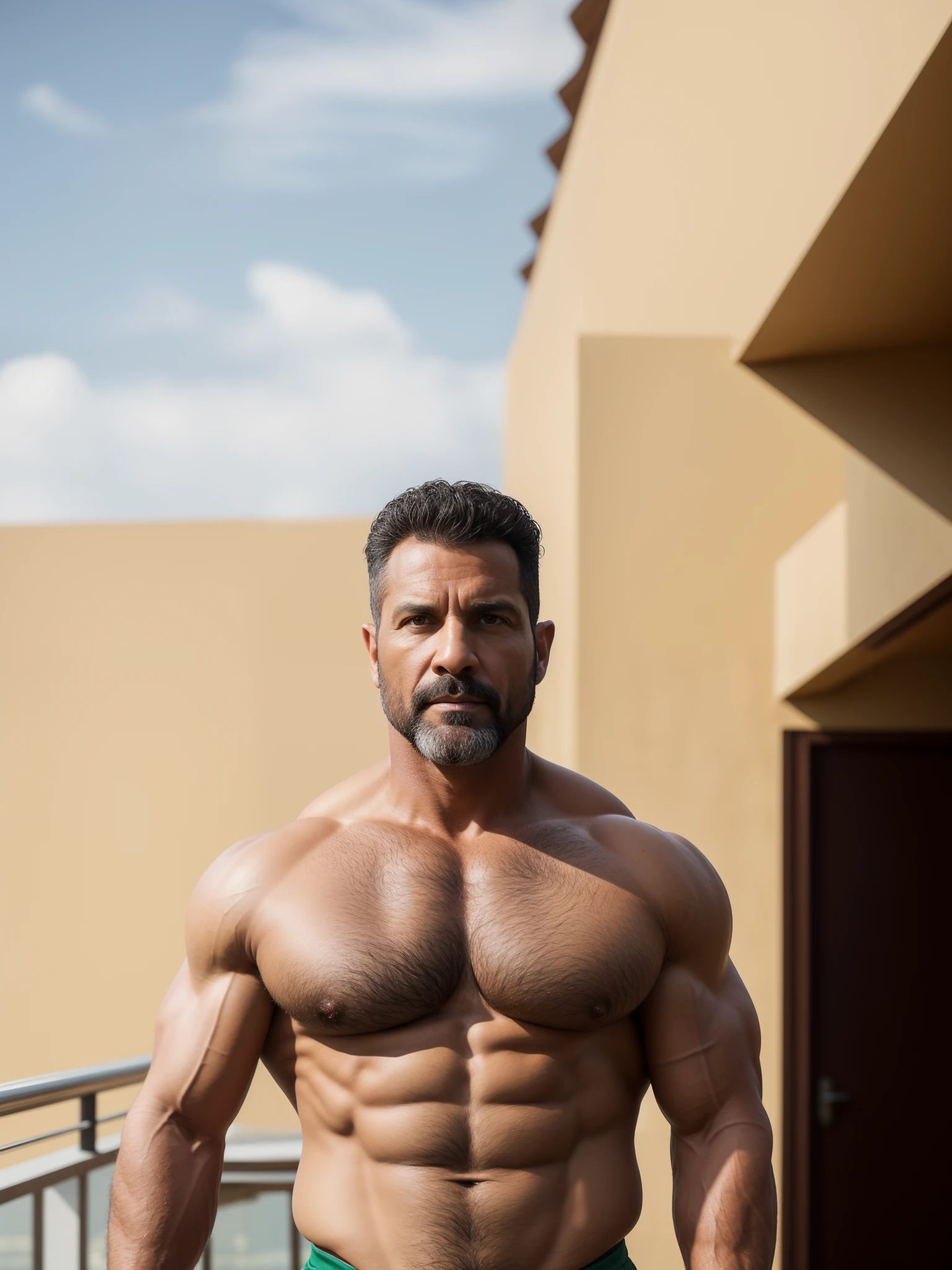 A hyper muscular Handsome rough tough Marcelo Fernando da Conceição Barbosa dad, 45 years old, detailed skin, ((wearing a open tracksuit skin-revealing a monumental pectoral)), flourishing a high sexual energy, Bara, big eyebrows, big waist round, ((winner of League of Legends)), big pectorals, grey hair, big arms, big pecs, biceps, shoulders, thick thighs, huge quads, portrait, virile, meticulous muscle definition, overexposure, picturesque, photography, modelshoot, photorealistic portrayal, 4K quality. Background: rooftop,32k uhd, best quality, natural volumetric lighting and best shadows, deep depth of field, sharp focus, DSLR, masterpiece, super detail, high details, octane render