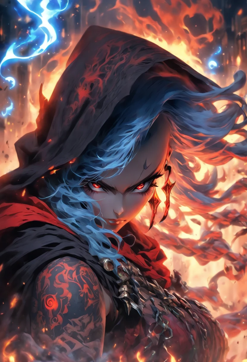 The most beautiful and sexy demon sorceress, long blue hair, red eyes, wearing a hooded cloak and highly detailed battle armor, tattoos and piercings, casting a powerful and destructive magic spell, perfect masterpiece, high quality, high resolution