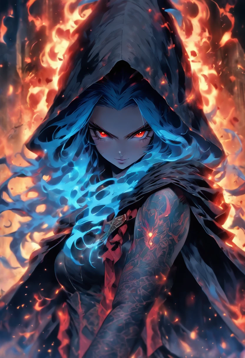 The most beautiful and sexy demon sorceress, long blue hair, red eyes, wearing a hooded cloak and highly detailed battle armor, tattoos and piercings, casting a powerful and destructive magic spell, perfect masterpiece, high quality, high resolution
