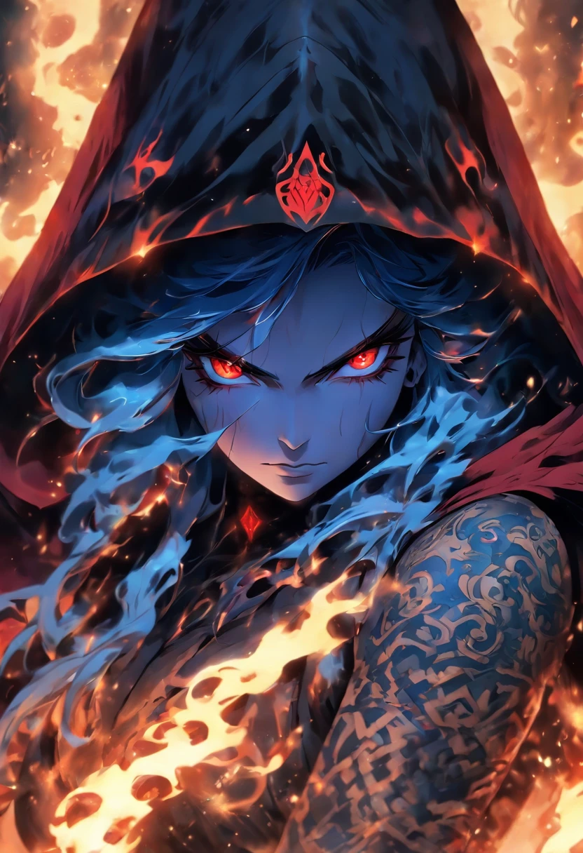 The most beautiful and sexy demon sorceress, long blue hair, red eyes, wearing a hooded cloak and highly detailed battle armor, tattoos and piercings, casting a powerful and destructive magic spell, perfect masterpiece, high quality, high resolution