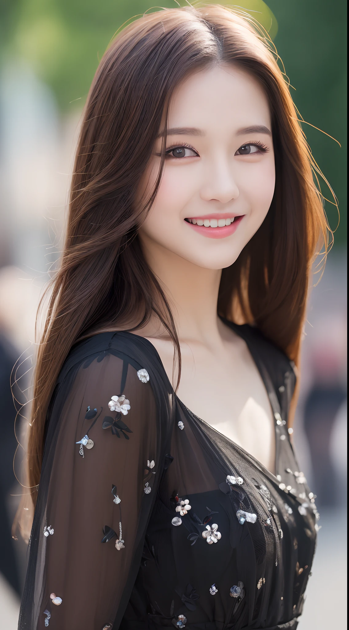 ((Best quality, 8k, Masterpiece :1.3)), 1girl, smiling, full body, slim face, Pretty woman, (Dark brown hair), full length dress :1.1, Ultra-detailed face, Detailed eyes, Double eyelid, blur background, slim face, city, outside, street,