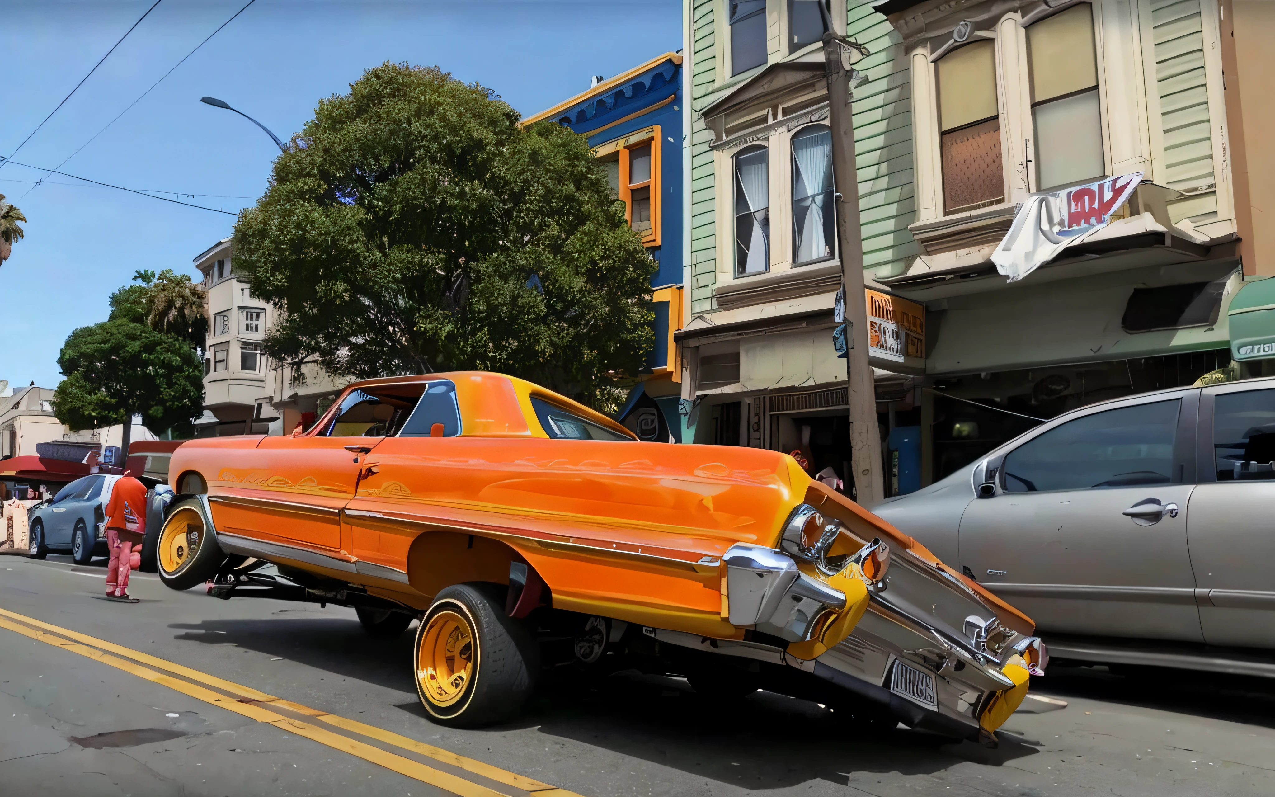 there is a orange and yellow truck parked on the side of the road, lowriders, lowrider style, swagger! lowrider culture, standing in front of lowrider, lowrider crash test, extreme car mods, trailer, hotrods driving down a street, youtube video screenshot, san francisco, very ornate, full view of a car, highly ornate