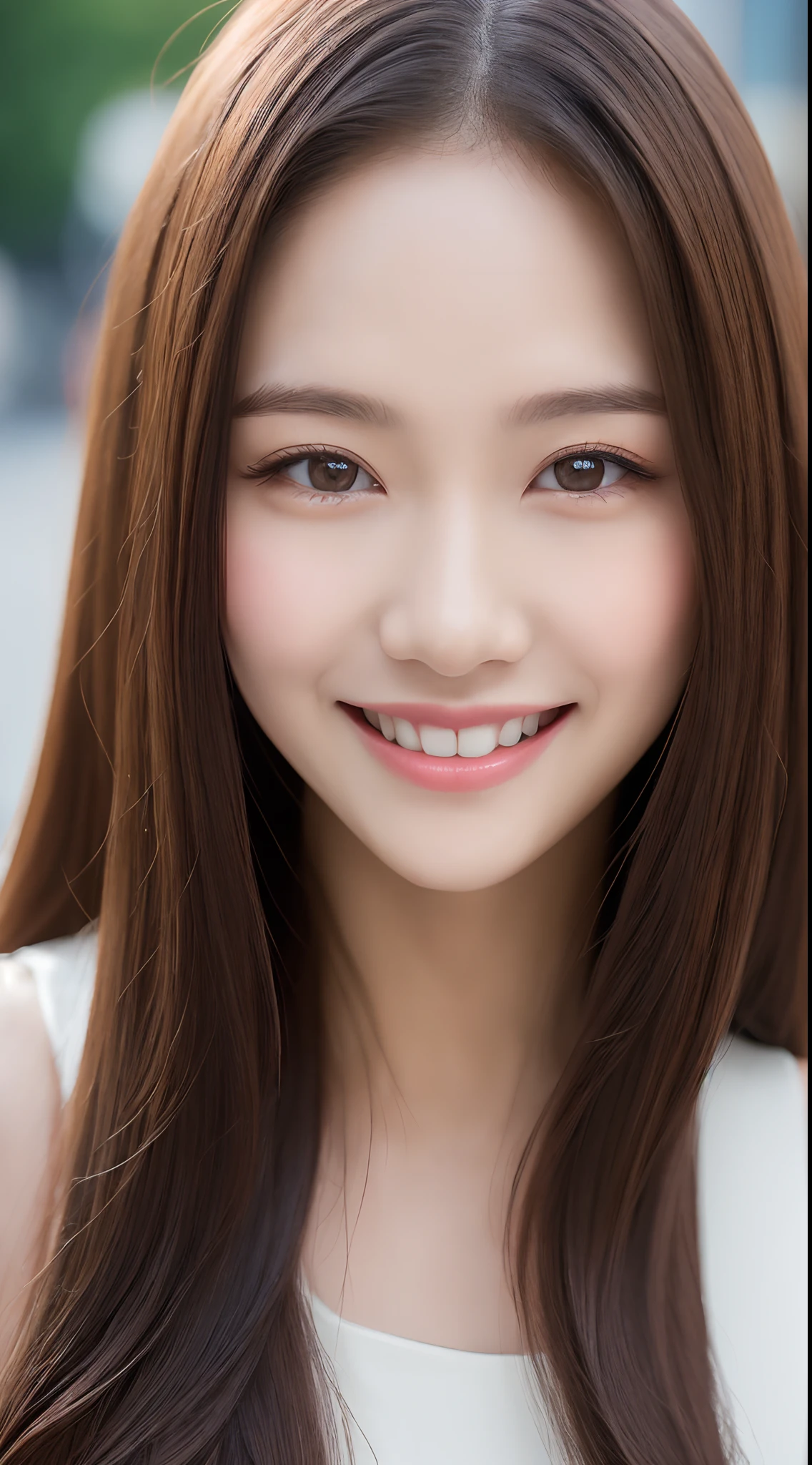 ((Best quality, 8k, Masterpiece :1.3)), 1girl, smiling, full body, slim face, Pretty woman, (Dark brown hair), full length dress :1.1, Ultra-detailed face, Detailed eyes, Double eyelid, blur background, slim face, city, outside, street,