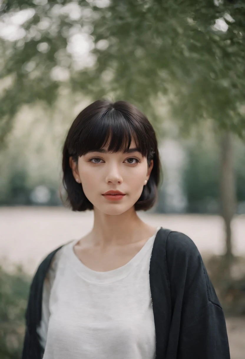 a young woman with Short black hair with flat bangs standing outside, in the style of cool,White sports and baggy jeans, zeiss planar t* 80mm f/2.8, kodak portra, uhd image, sovietwave, distinct facial features,