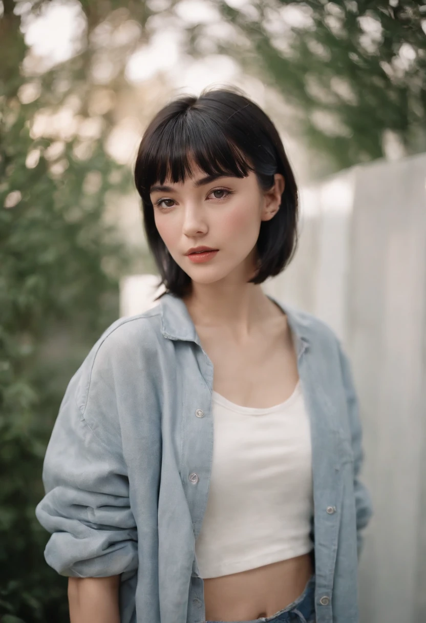a young woman with Short black hair with flat bangs standing outside, in the style of cool,White sports and baggy jeans, zeiss planar t* 80mm f/2.8, kodak portra, uhd image, sovietwave, distinct facial features,