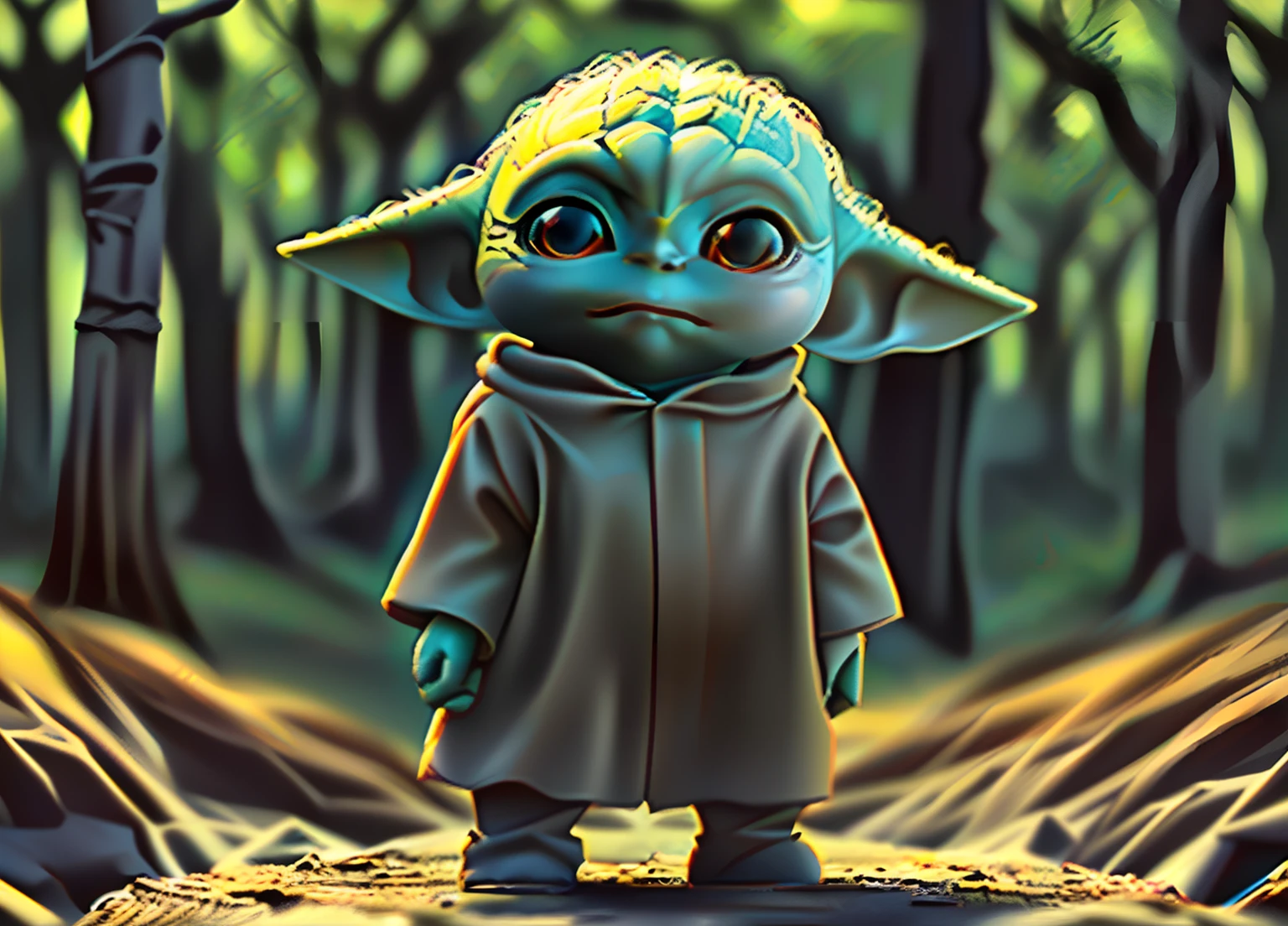 Cute (baby_yodah) 3D cartoon standing in the woods, digital art, high resolution, very detailed, best quality, Star Wars with a star in hand