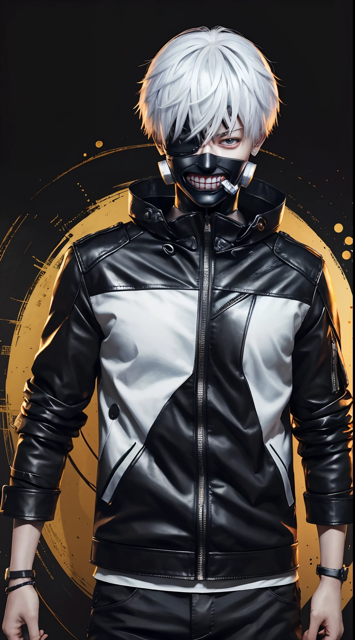 "cool 20 year old kaneki ken is a true masterpiece with masculine beauty, perfect anatomy. Olpntng style, colorful rainbow, wearing a black leather jacket, mask revealing a very menacing smile , clean design, epic Instagram, artstation, full of paint splashes, circles, outlines When you look at his beautiful Eyes you will clearly see every little detail and perfect line, every detail The details on the skin are beautiful in 8K quality. Be fascinated by the confidence radiating from every look. His head has white hair and his face is drawn meticulously in every detail in 8K image quality."