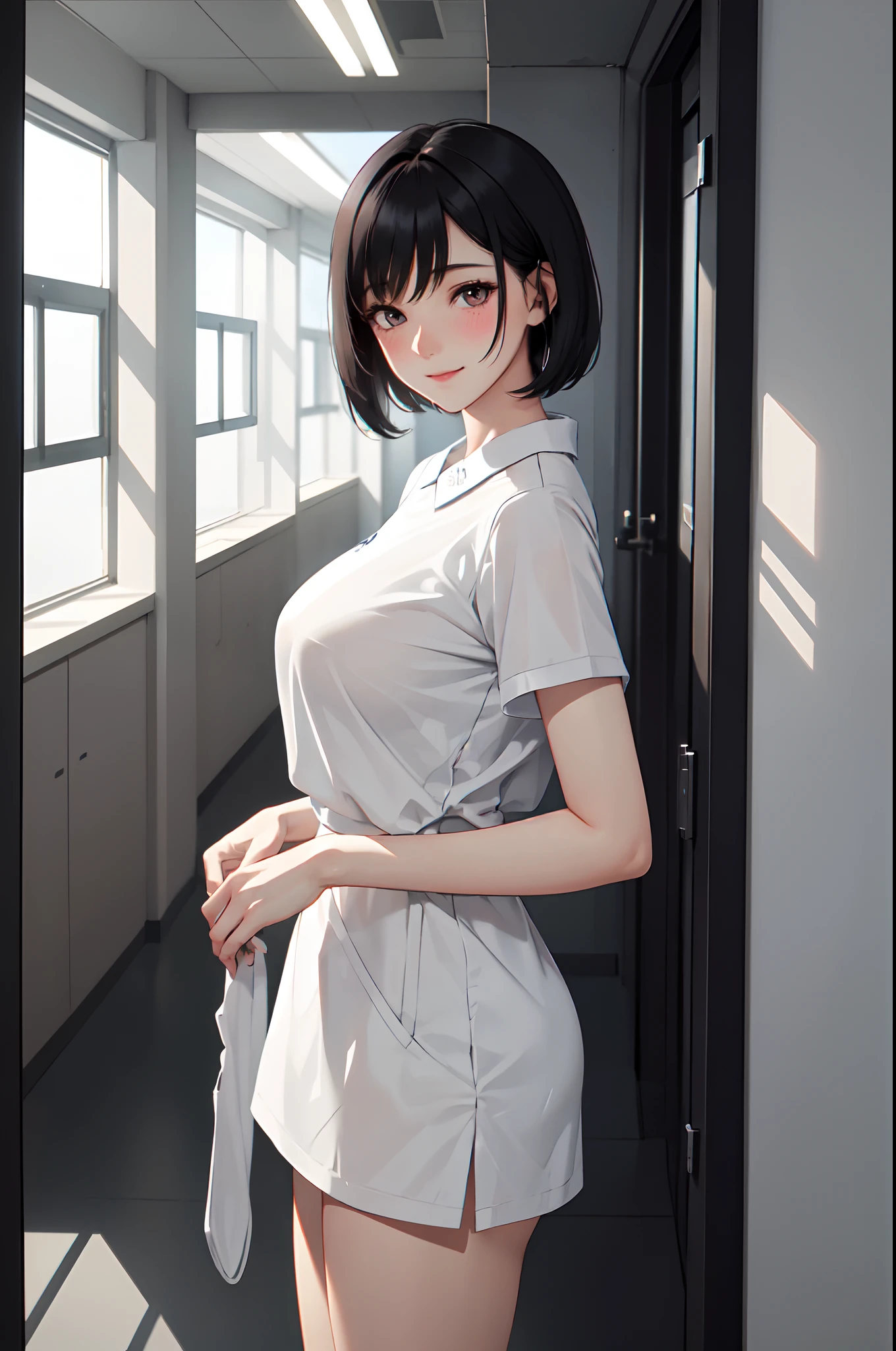 1girl, solo, white polo shirt, white sneakers, tennis wear, white miniskirt, masterpiece, best quality, realistic, hyper-detailed, (shiny skin, sweaty:1.4), absurd, looking at viewer, short black hair, brown eyes, slender, dynamic lighting, high resolution, sharp focus, depth of field, detailed eyes, sharp pupils, realistic pupils, (small breasts:1.6), (thick thighs:1.0), outdoor, sky