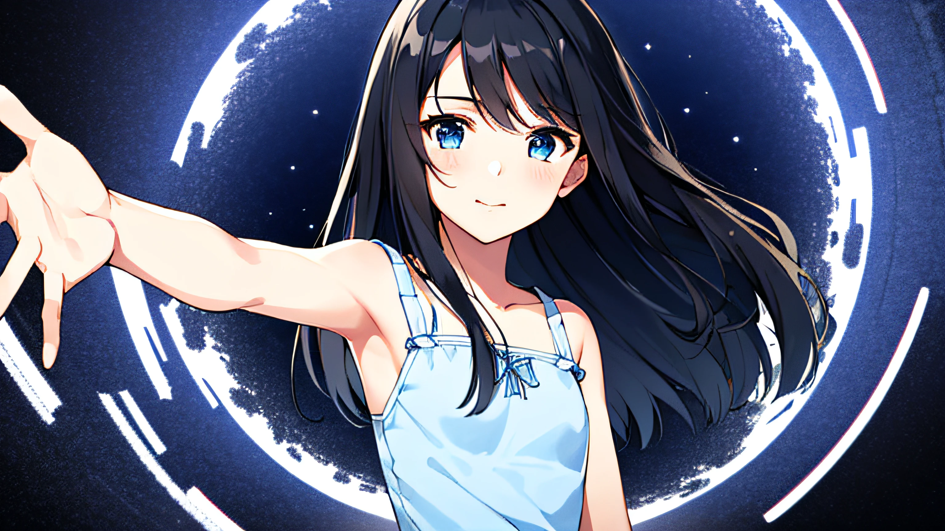 megami_zenitsu, masterpiece, 1girl, solo, pov, black hair, blue eyes, medium to long hair, small breast, flat chest, small posture, slight smile, standing, warp hole, reaching out, face focus, limbo, casual outfit, looking at viewer, from right side angle