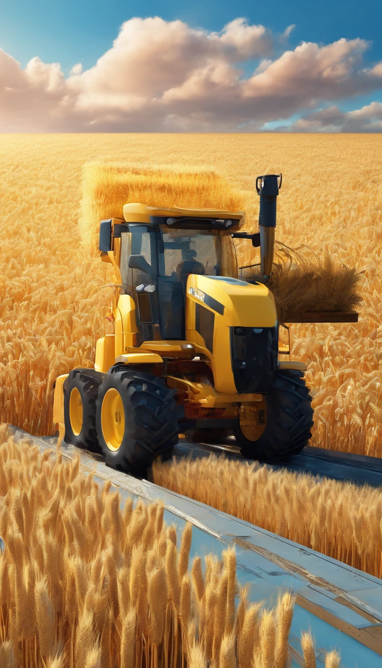 Masterpiece, best quality, (very detailed CG unified 8k wallpaper) (best quality), (best illustration), (best shade) naturally harvested wheat, super detailed, harvester, white clouds, blue sky, no humans --v6