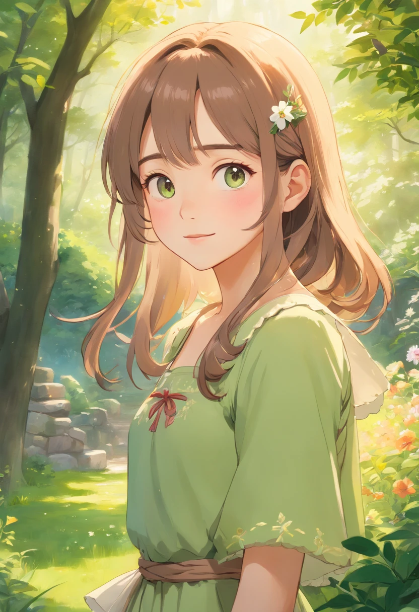 (best quality,4k,8k,highres,masterpiece:1.2),ultra-detailed,(realistic,photorealistic,photo-realistic:1.37),A beautiful girl in a garden,green grass, vibrant flowers, gentle sunlight, flowing dress, flowing hair, bright eyes, radiant smile, serene expression, gentle breeze, soft shadows, ethereal atmosphere, dreamy background, magical scenery, hand-painted style, warm color tones, natural lighting, peaceful ambiance, detailed facial features, realistic skin texture, subtle shading, graceful posture, artistic composition, enchanting beauty, harmonious elements, joyful spirit, whimsical touch.