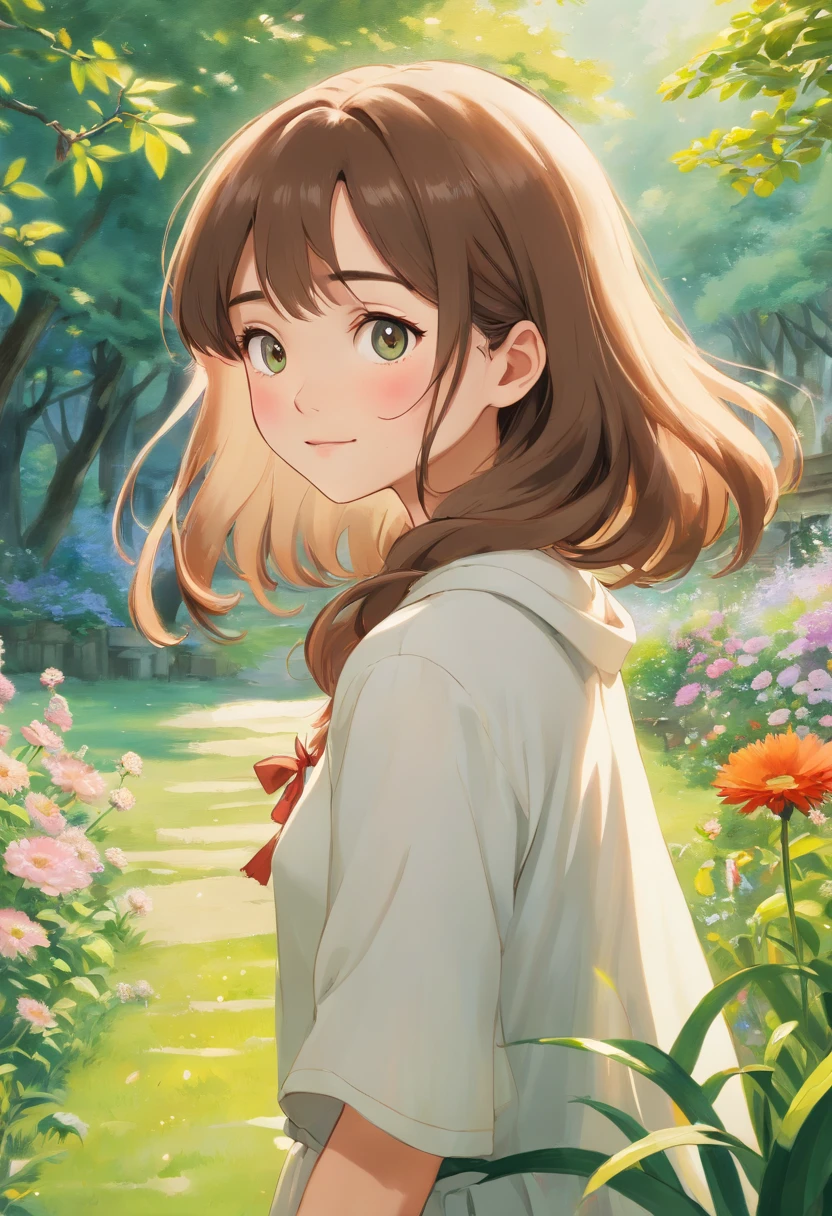 (best quality,4k,8k,highres,masterpiece:1.2),ultra-detailed,(realistic,photorealistic,photo-realistic:1.37),A beautiful girl in a garden,green grass, vibrant flowers, gentle sunlight, flowing dress, flowing hair, bright eyes, radiant smile, serene expression, gentle breeze, soft shadows, ethereal atmosphere, dreamy background, magical scenery, hand-painted style, warm color tones, natural lighting, peaceful ambiance, detailed facial features, realistic skin texture, subtle shading, graceful posture, artistic composition, enchanting beauty, harmonious elements, joyful spirit, whimsical touch.
