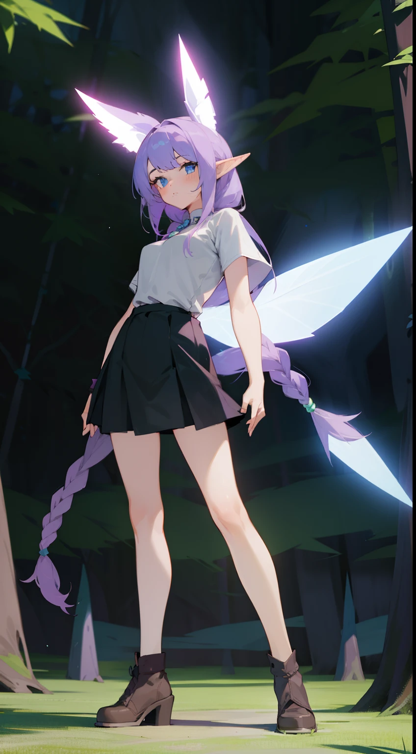 1girl,20s,solo,shy face,white shirt,black skirt,small tits,light purple hair,long hair,braided hair,fairy blue wing,blue eyes,,elves ears,(((standing in front of a forest)))