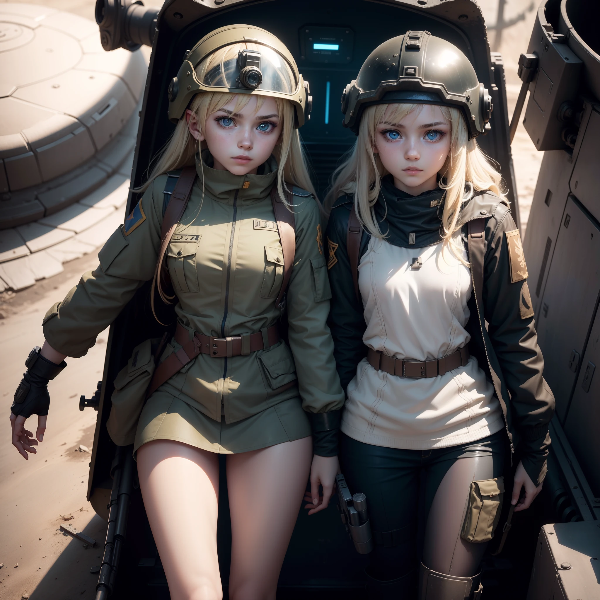 Two Ukrainian girls riding in a tank , Looking at each other,Ukrainian anime girls , , Ukraine , Full body composition of young girl with messy bright blonde hair, eye make up, 13 year old, Soft lighting, Solo, Old torn dirty shabby futuristic military uniform, badges, Pose, Blotch color, Octane Render, Hyperrealistic intricate detail, Cinematic, 8K resolution, 70mm, Accent Lighting, Global Illumination, Full body portrait, ,Don't look at the camera,clean detailed faces, intricate clothing, flat chest, Slim waist, Slim legs, small hips,Ordinary soldier clothes,Wearing a helmet,Holding a gun,Looking at each other,
