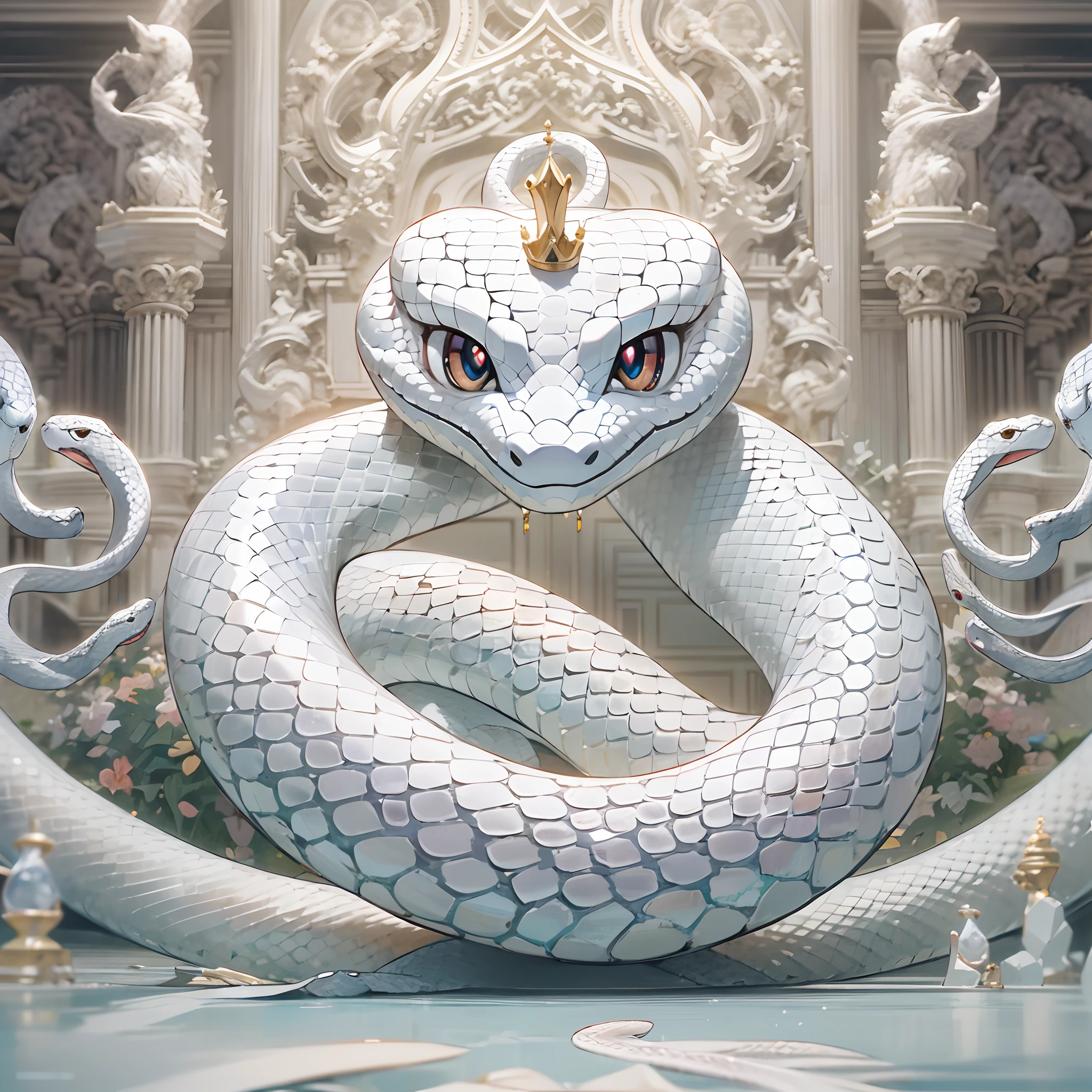 symetrical composition,Epic lighting,wind and cloud special effects,Pixar style super cute (anthropomorphic White Snake:1.5), wearing hanfu and crystal crown, standing, charming big eyes, lovely tail, standing, surreal, super fine, luxurious, elegant standing, charming big eyes, lovely tail, standing, surreal,/imagine prompt: insanely detailed and intricate, hypermaximalist, elegant, ornate, hyper realistic, super detailed super detailed, luxurious, elegant, complex, gorgeous, illusory engine, octane rendering, 8K, VRAY surrealism