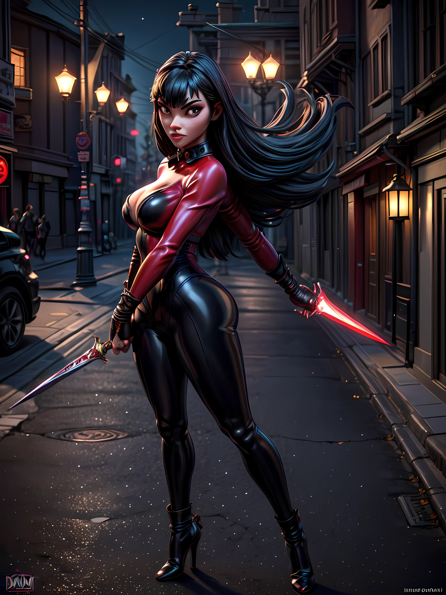 a 3d pixar animation style picture of Vampirella standing in the street at night, Vampirella (masterpiece, extremely detailed, highly detailed), full body (masterpiece, extremely detailed, highly detailed), standing in an urban street at night  exquisite beautiful Vampirella (masterpiece, extremely detailed, very high quality: 1.5), best detailed face, full body, wearing red latex catsuit,  armed with a sword fantasysword sword (very high quality), ready for battle, urban street background, lamp lights, moon light, detailed background (masterpiece, extremely detailed, very high quality), best realistic, very high quality, best quality, 16k, [ultra detailed], masterpiece, best quality, (extremely detailed), ultra wide shot, photorealism, room is lit with bright light, depth of field, 3D animation render