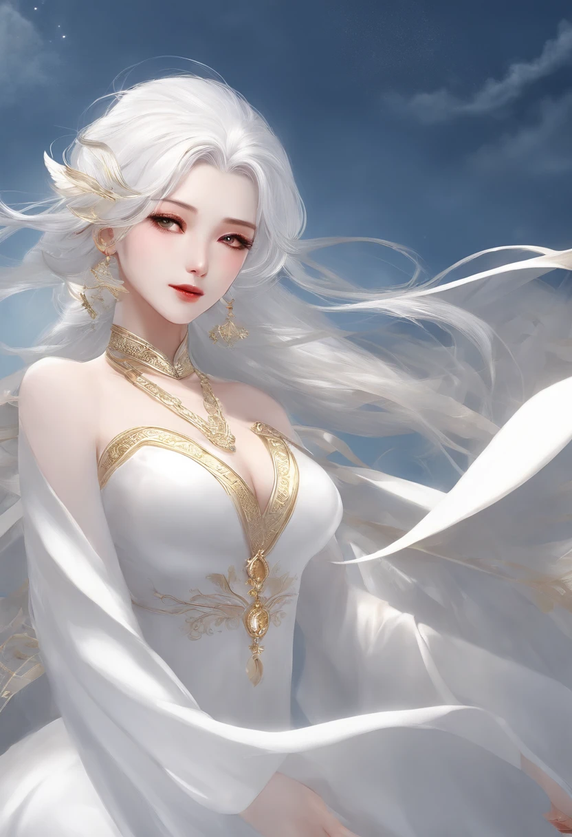 The ultimate masterpiece, Shocking white-haired characters appear, Shining golden eyes, Dressed in plain white, look up sky, Show off attractive upper body curves, Jade-like fair skin，Side blades drape elegantly。