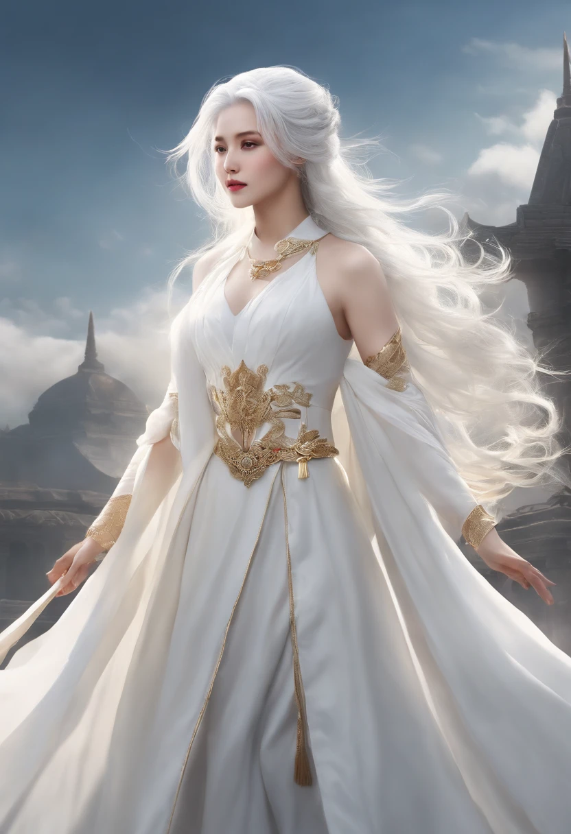 The ultimate masterpiece, Shocking white-haired characters appear, Shining golden eyes, Dressed in plain white, look up sky, Show off attractive upper body curves, Jade-like fair skin,Side blades drape elegantly。