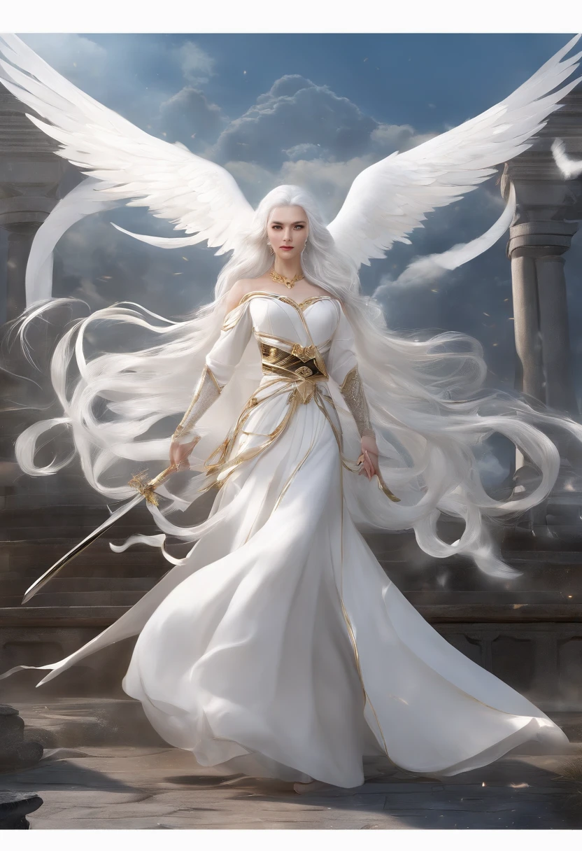 The ultimate masterpiece, Shocking white-haired characters appear, Shining golden eyes, Dressed in plain white, look up sky, Show off attractive upper body curves, Jade-like fair skin,Side blades drape elegantly。