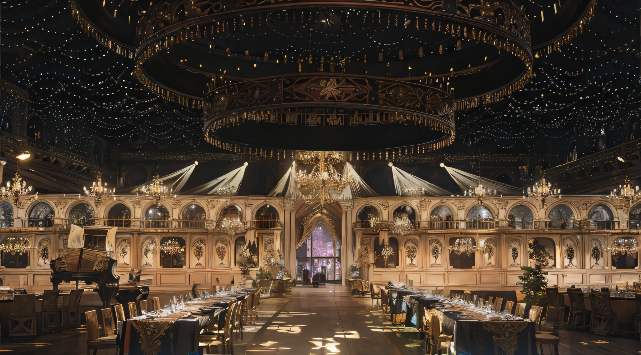 There was a large room with chandeliers and tables, dark majestic ornate great hall, intricate sparkling atmosphere, enchanted surroundings, dramatic theming, Futuristic ballroom. Big eyes, fairy tale setting, stunning arcanum backdrop, lavishly decorated, Gorgeous restaurant, palatial scene, luxurious environment, majestical lighting, fantastical setting, look at the details,Wooden piano,