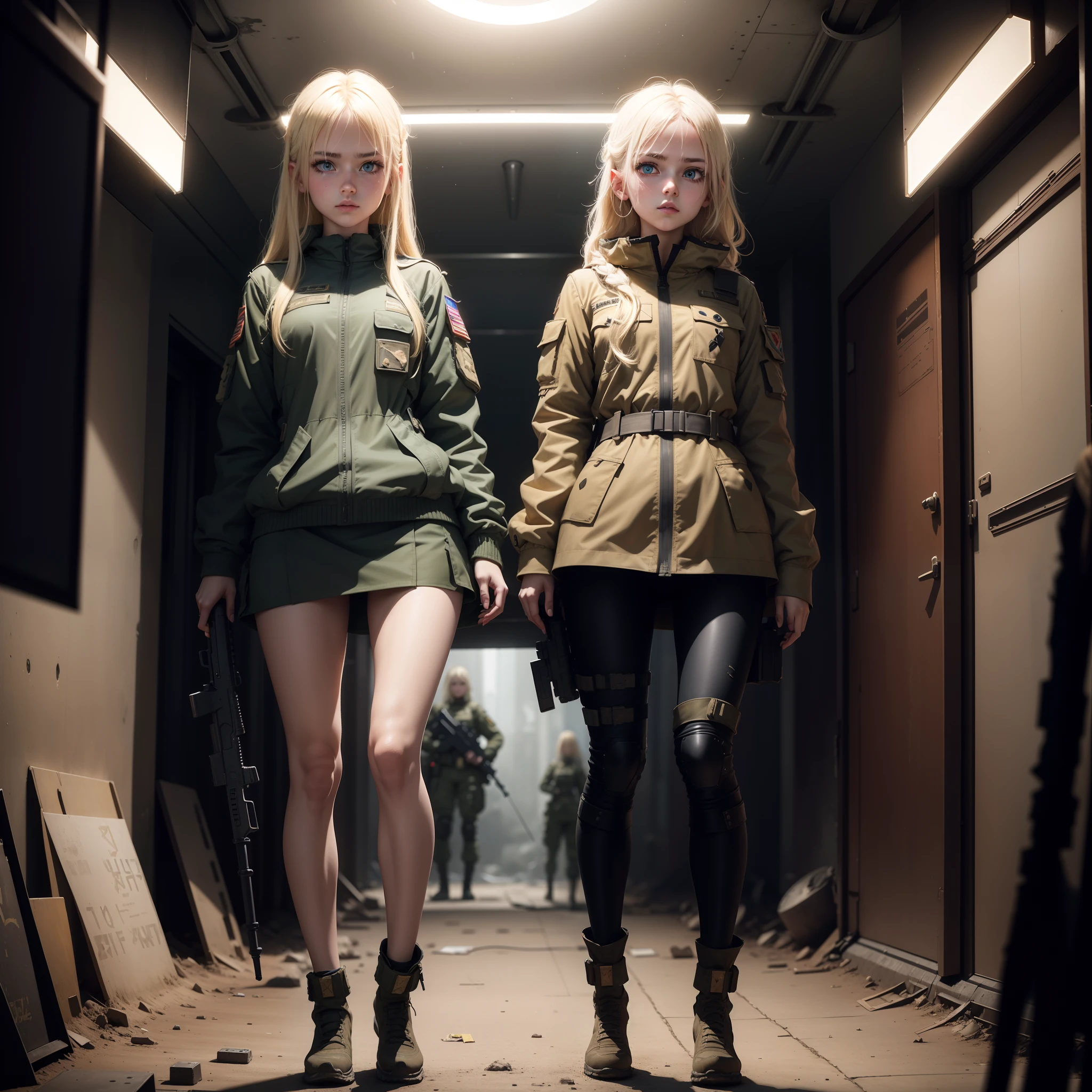 Two Ukrainian girls riding in a tank , Ukrainian anime girls , , Ukraine ,  Full body composition of young girl with messy bright blonde hair, eye make up, 13 year old,  Soft lighting, Solo, Old torn dirty shabby futuristic military uniform, badges, Pose, Blotch color, Octane Render, Hyperrealistic intricate detail, Cinematic, 8K resolution, 70mm, Accent Lighting, Global Illumination, Full body portrait, ,Don't look at the camera,clean detailed faces, intricate clothing, Cute face, flat chest, Slim waist, Slim legs, small hips,Ordinary soldier clothes,Wearing a helmet,Holding a gun,Don't look at the camera,