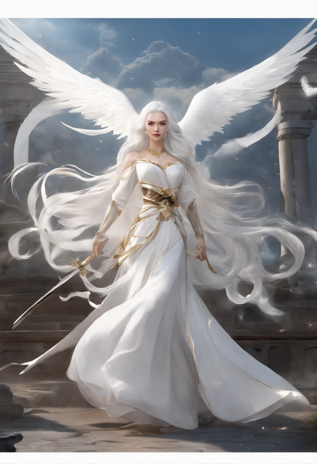 The ultimate masterpiece, Shocking white-haired characters appear, Shining golden eyes, Dressed in plain white, look up sky, Show off attractive upper body curves, Jade-like fair skin，Side blades drape elegantly。